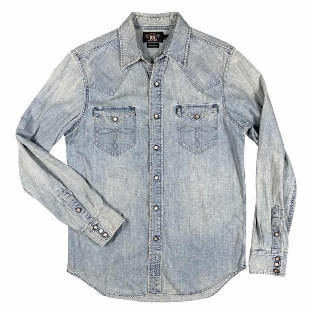 Double RRL Ralph Lauren Pearl Snap Western Button Shirt Men's Indigo Chambray M
